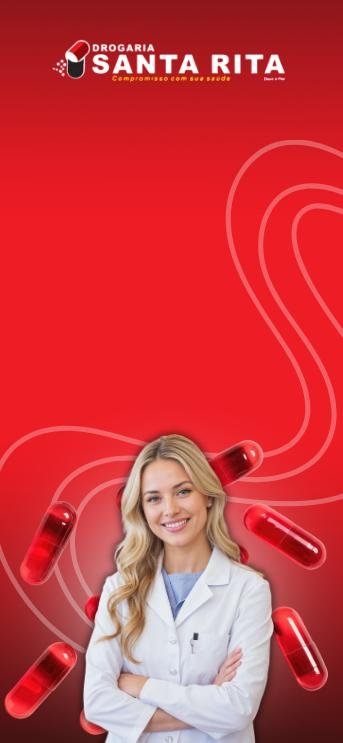 Farmacêutica da Drogaria Santa Rita sorrindo, de jaleco branco, cercada por cápsulas vermelhas